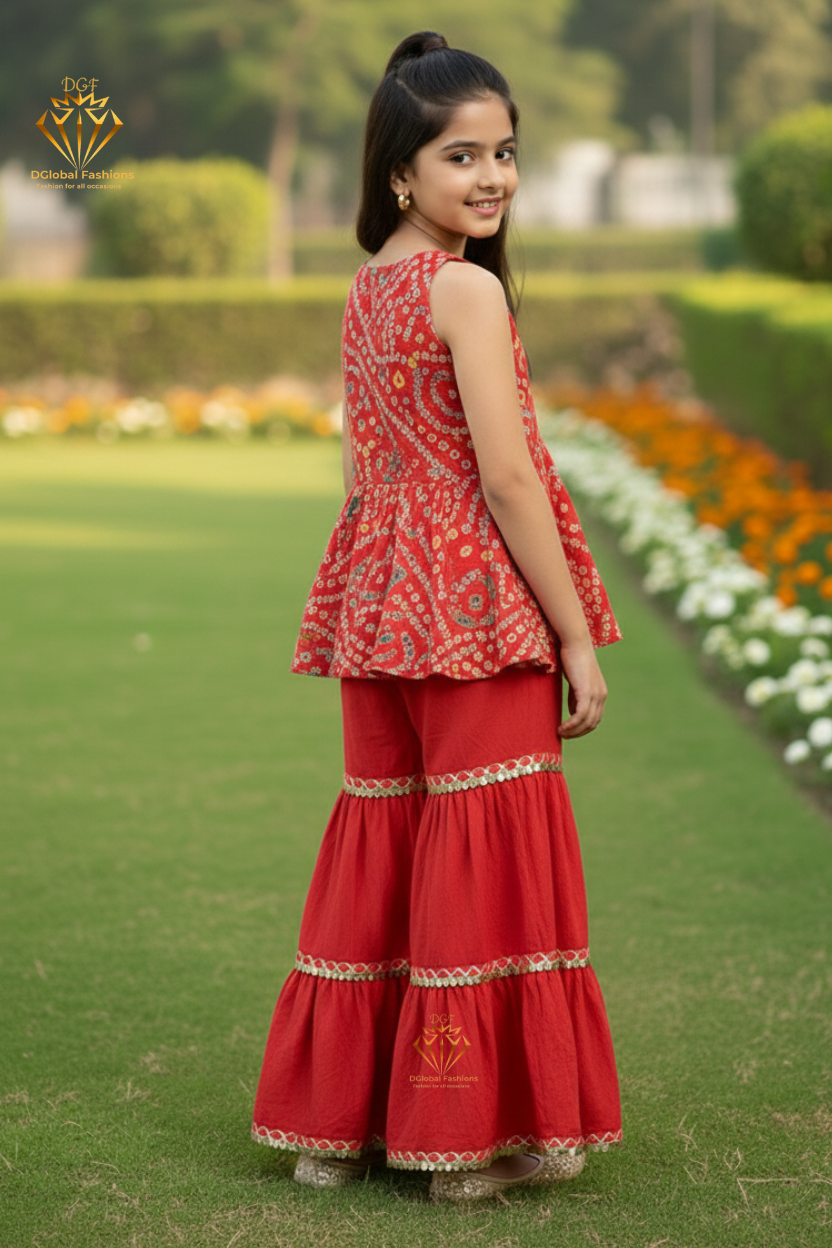 Red Bandhani Kurta & Sharara Set — 2-Piece Festive Ensemble