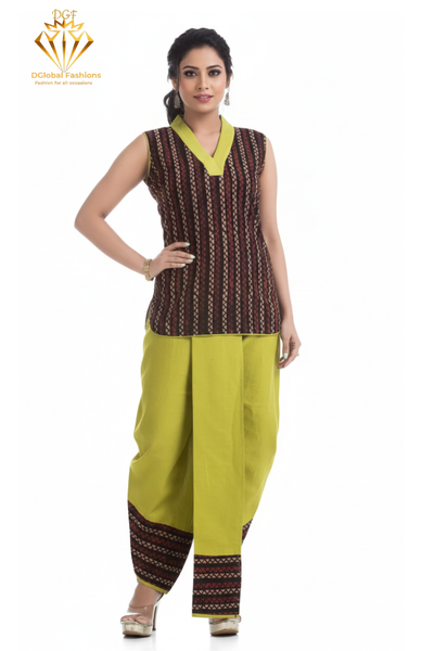 Green Pleated Dhoti with Hand Block Ajrakh Top