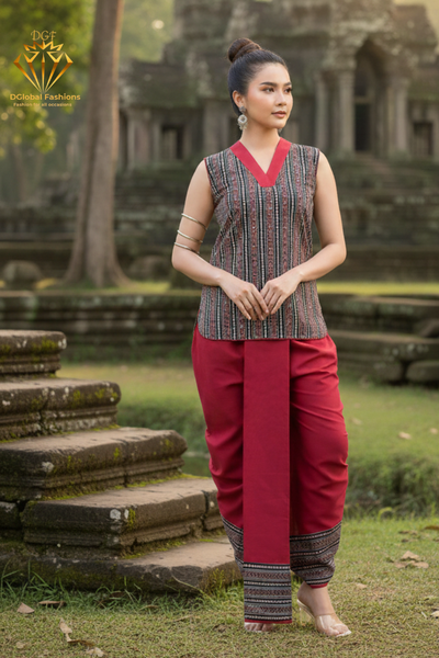 Women's Maroon Dhoti With Handblock Ajrakh Top