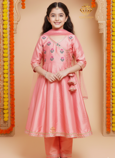 Girls Embroidered Angrakha Kurta with Trousers & Dupatta