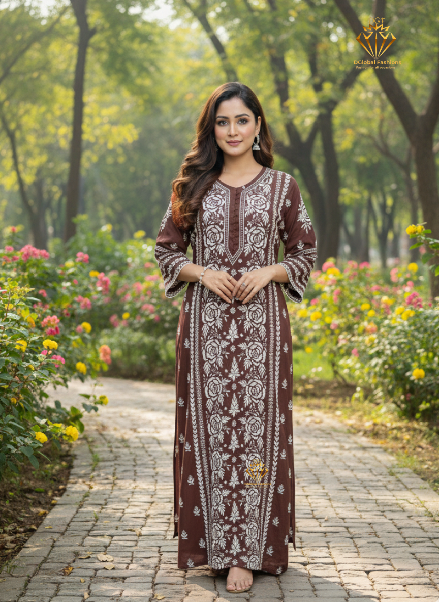 Lucknowi Chikankari Muslin Silk Maharani long Dress with Full Lace Work