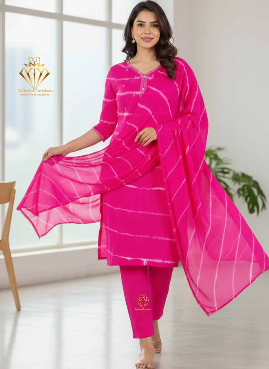 Pure Cotton Leheriya Effect Kurta Pant and Dupatta
