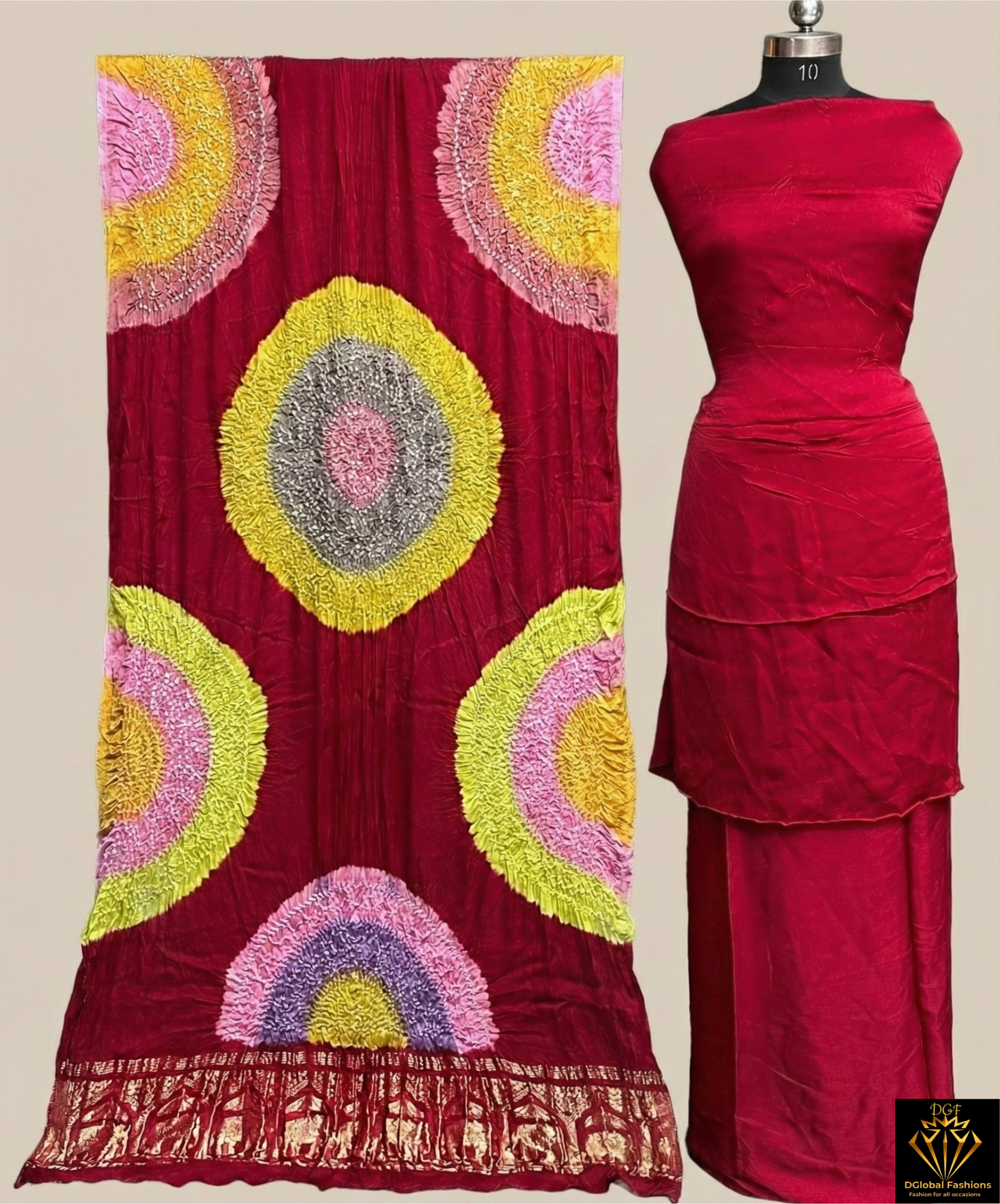Modal Silk 3-Piece Bandhani Unstitched Suit Set