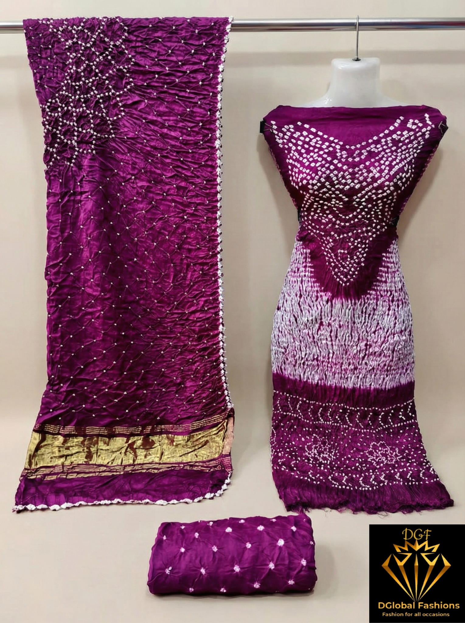 Hand Dyed Shibori & Rai Bandhej Unstitched Suit Set in Modal Silk