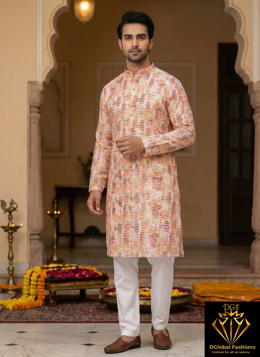 Men’s Party Wear Digital Printed Kurta Pajama Set with Sequin Work
