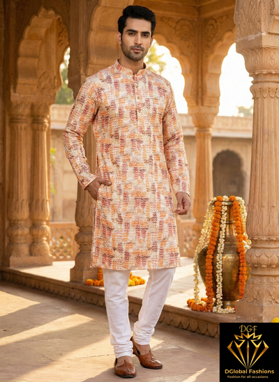 Men’s Party Wear Digital Printed Kurta Pajama Set with Sequin Work