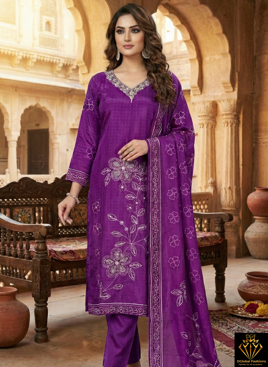 Bandhani Printed Crepe Kurta Set with Hand-Embroidered