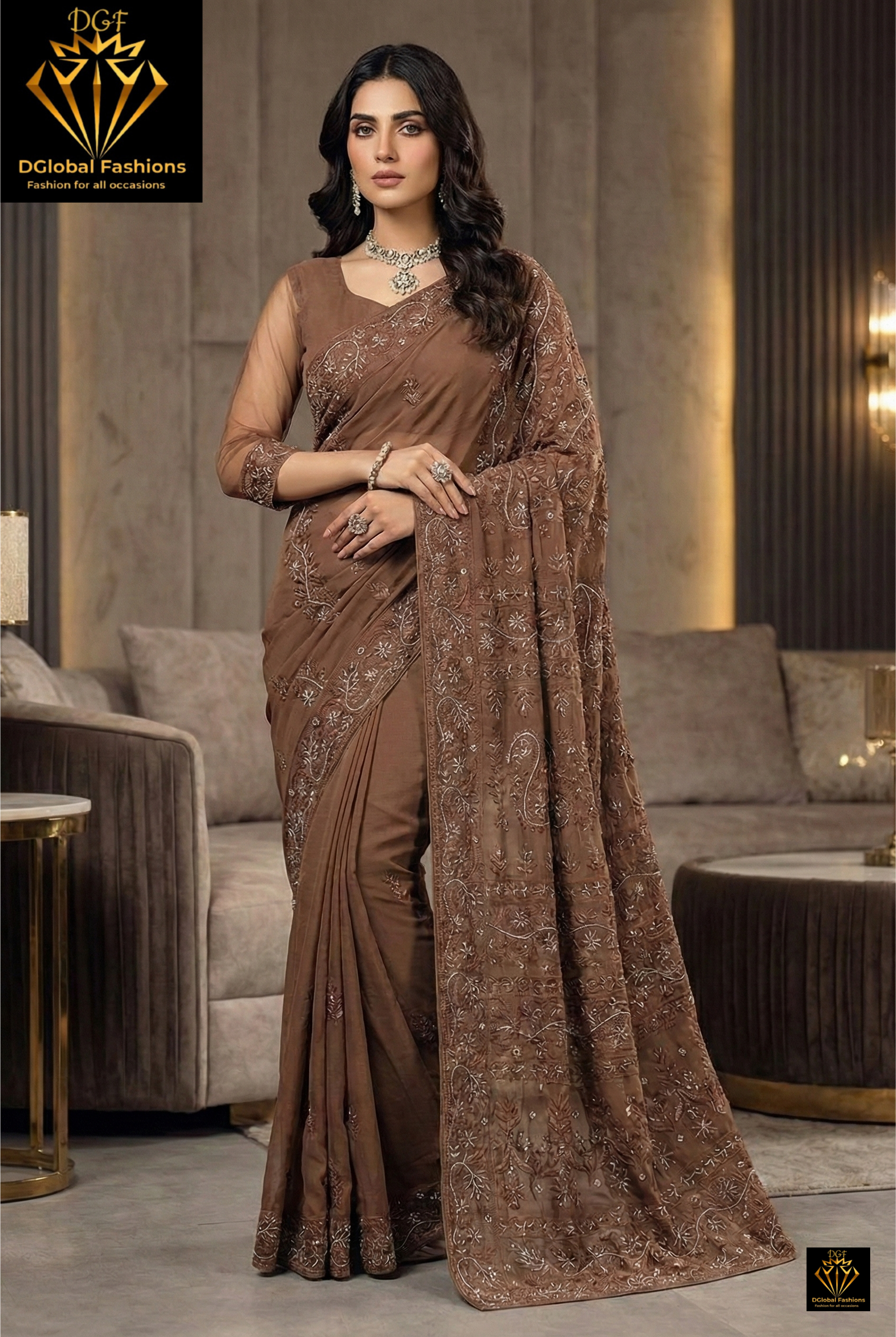 Lucknowi Chikankari Ready-to-Wear Saree with Pearl & Cutdana Handwork