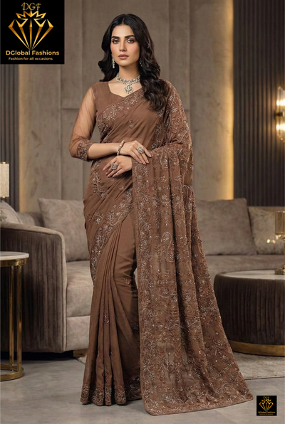 Lucknowi Chikankari Ready-to-Wear Saree with Pearl & Cutdana Handwork