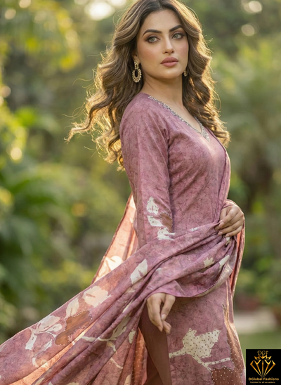 Brown Digital Printed Crepe Suit Set with Elegant Handwork