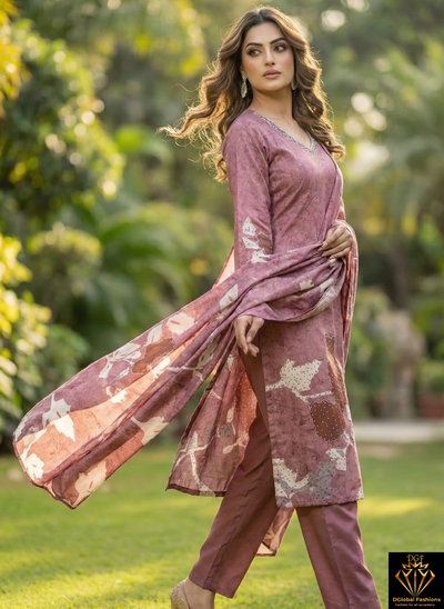 Brown Digital Printed Crepe Suit Set with Elegant Handwork