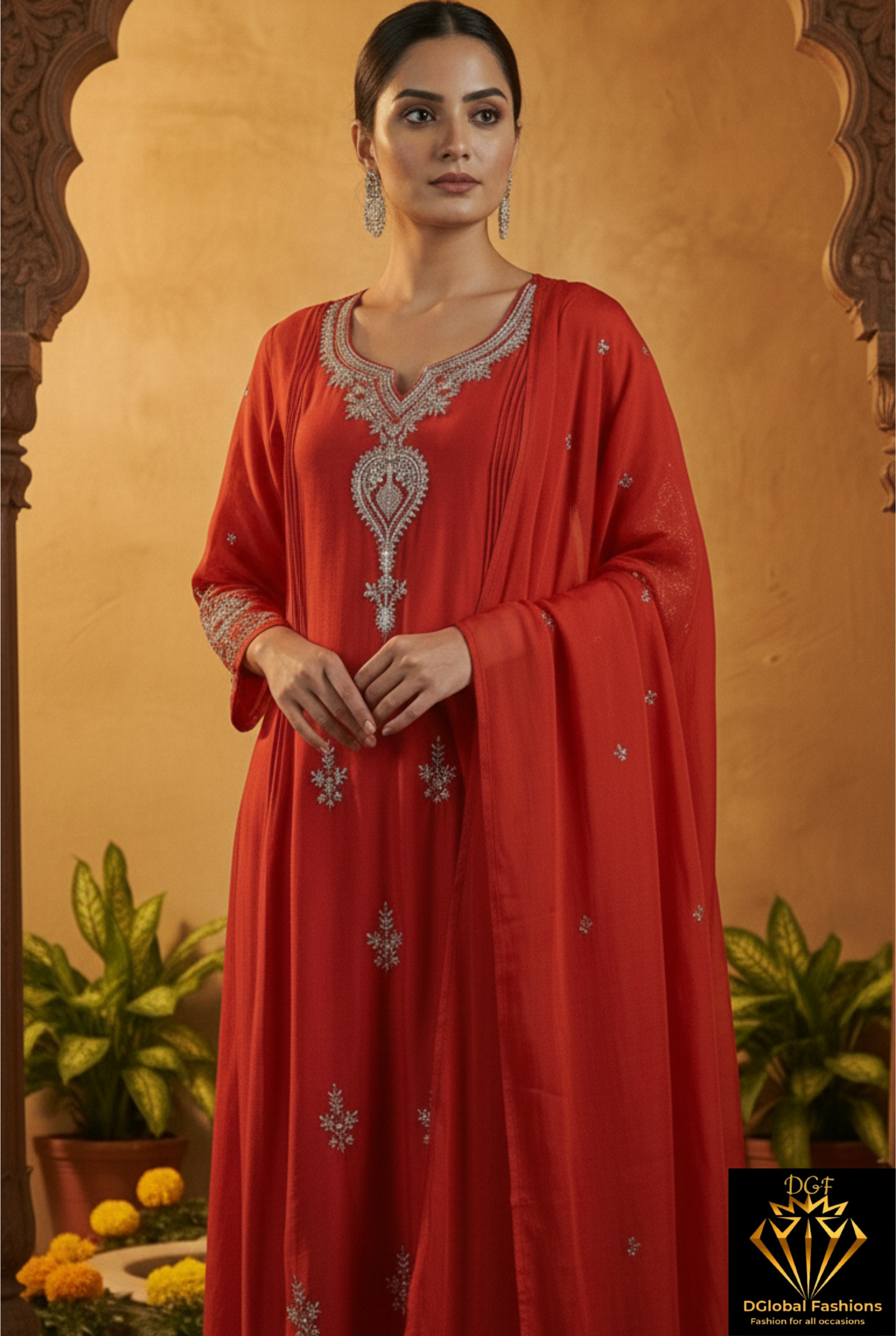 Mul Chanderi Hand-Embroidered A-Line Kurta Set with Pant & Dupatta