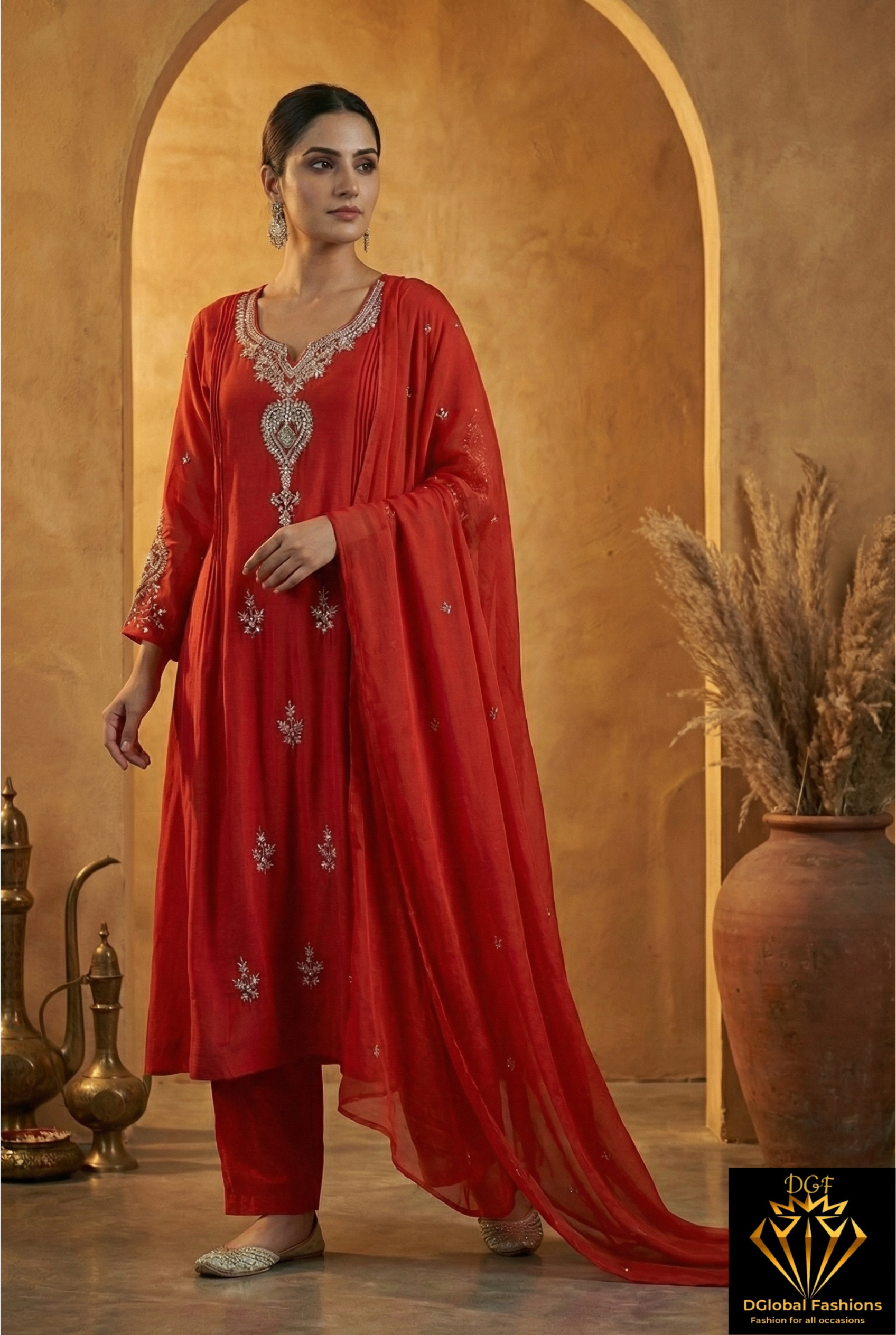 Mul Chanderi Hand-Embroidered A-Line Kurta Set with Pant & Dupatta