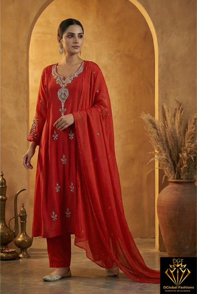 Mul Chanderi Hand-Embroidered A-Line Kurta Set with Pant & Dupatta