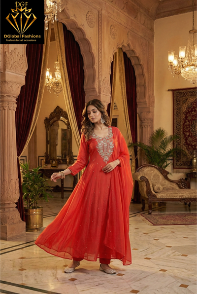 Chinnon Hand-Embroidery Anarkali Suit with Cutdana, Pearl & Sequin Work