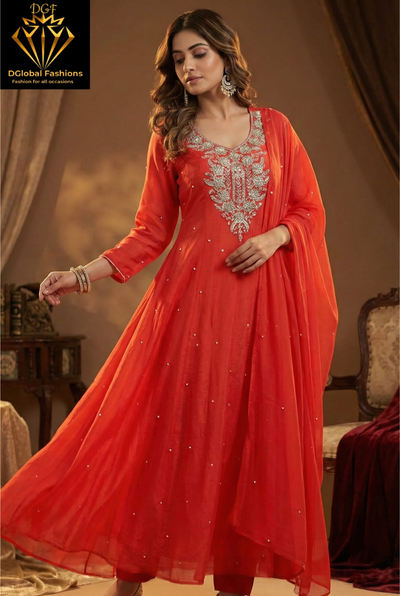 Chinnon Hand-Embroidery Anarkali Suit with Cutdana, Pearl & Sequin Work