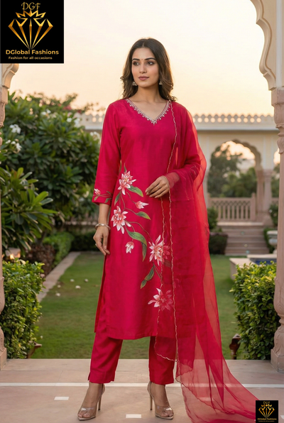 Hand Printed Silk Kurta with Cutdana, Sequin, Pearl & Thread Work