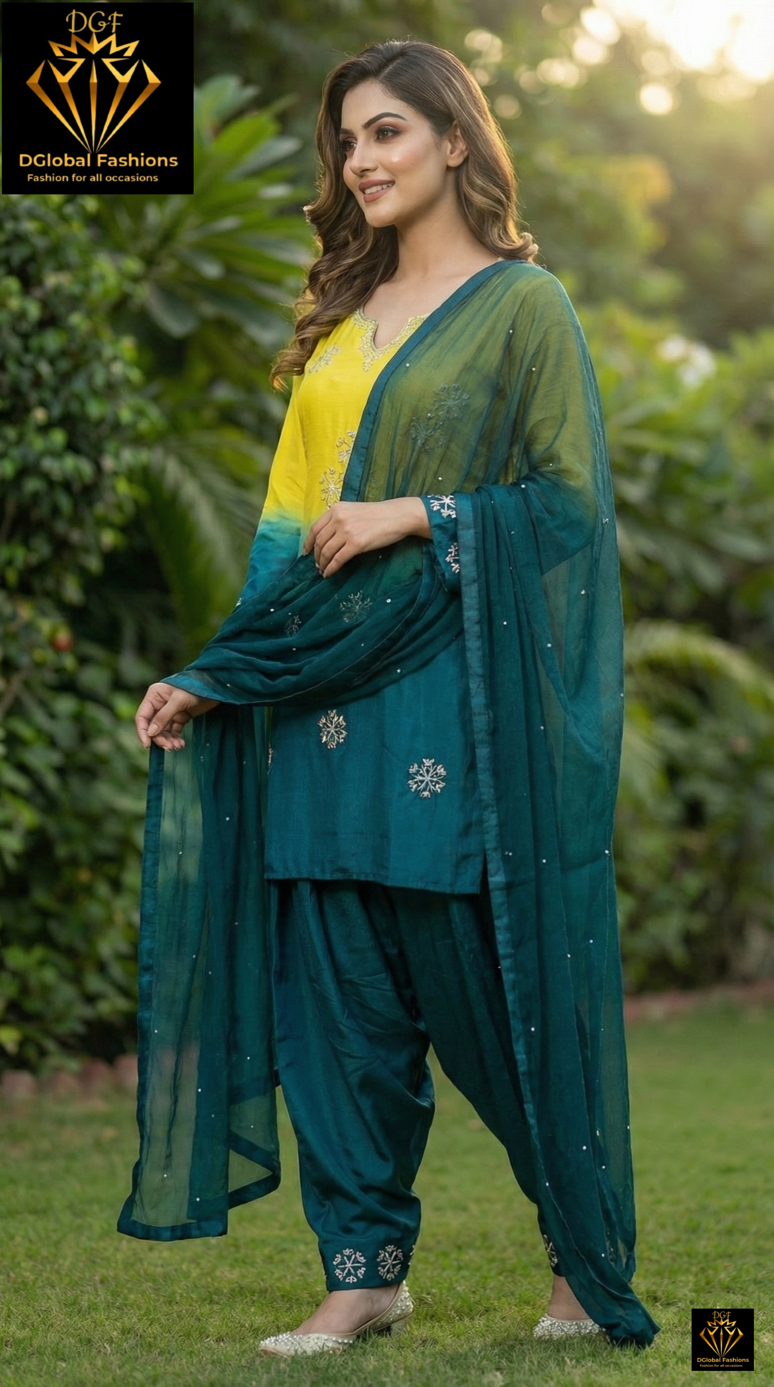 Yellow & Teal Blue Ombre Farshi Suit Set with Cutdana & Pearl Hand Embroidery and Chiffon Dupatta