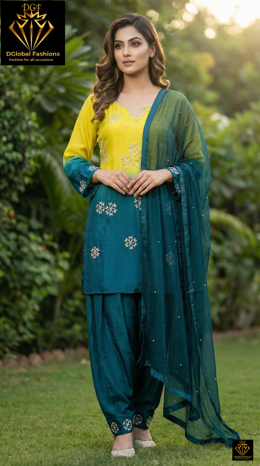 Yellow & Teal Blue Ombre Farshi Suit Set with Cutdana & Pearl Hand Embroidery and Chiffon Dupatta