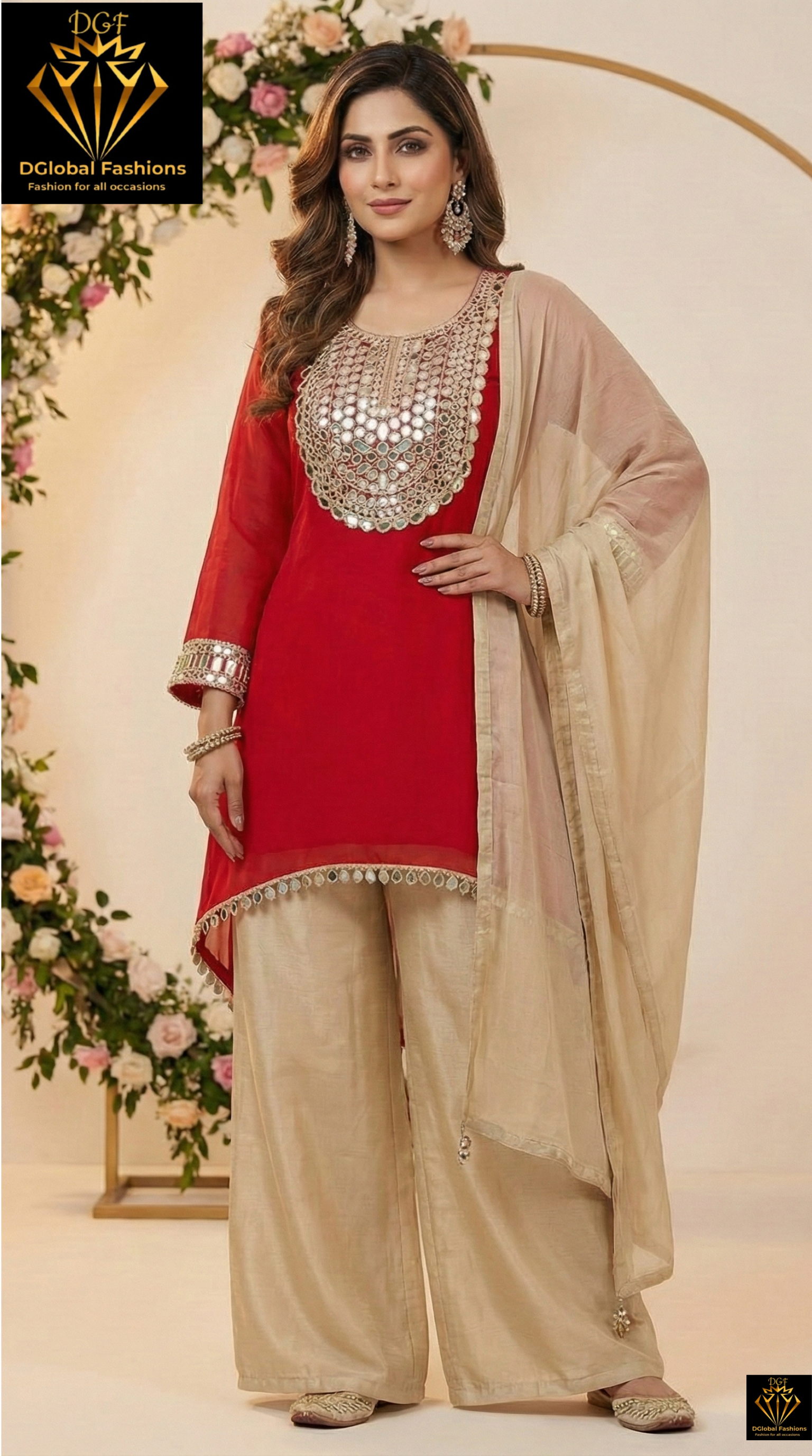 C-Cut Kurta Suit Set in Tissue Shimmer Fabric with Real Mirror Work