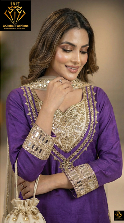 Purple & Gold Natural Crepe Suit Set with Hand Mirror Embroidery, Tissue Shimmer Palazzo, Choker Dupatta & Potli Bag