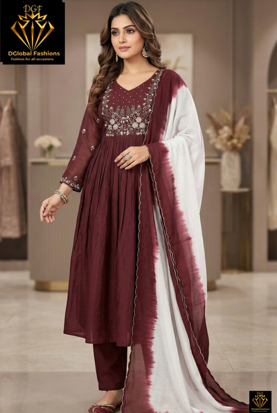 A-Line Mul Chanderi Kurta Suit Set with Ombre Dupatta & Pearl, Sequin, Cutdana Work