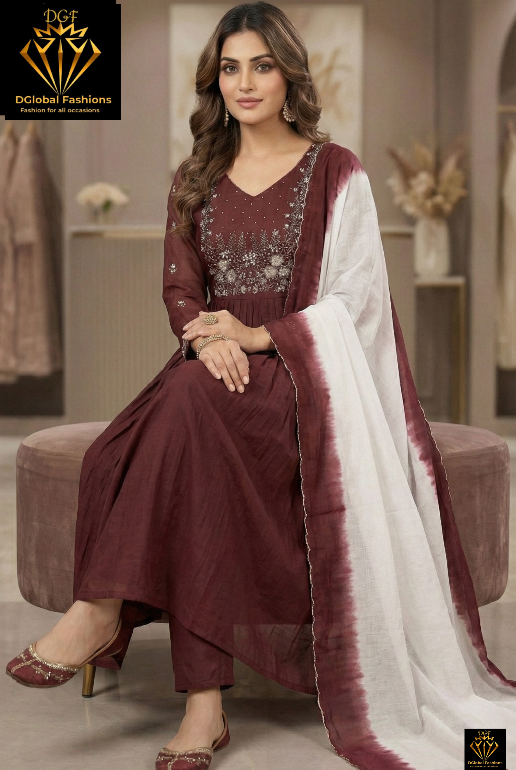 A-Line Mul Chanderi Kurta Suit Set with Ombre Dupatta & Pearl, Sequin, Cutdana Work