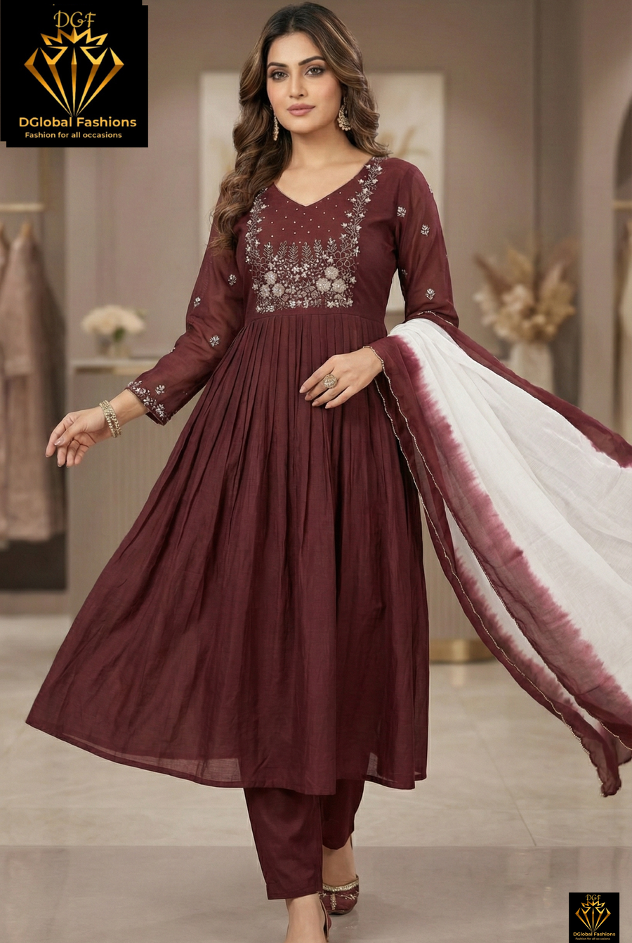 A-Line Mul Chanderi Kurta Suit Set with Ombre Dupatta & Pearl, Sequin, Cutdana Work