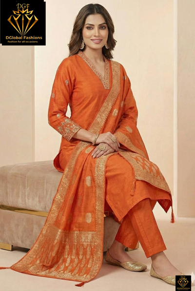 Hand-Embroidered Silk Suit Set with Pearl, Sequin & Cutdana Work and Banarasi Dupatta