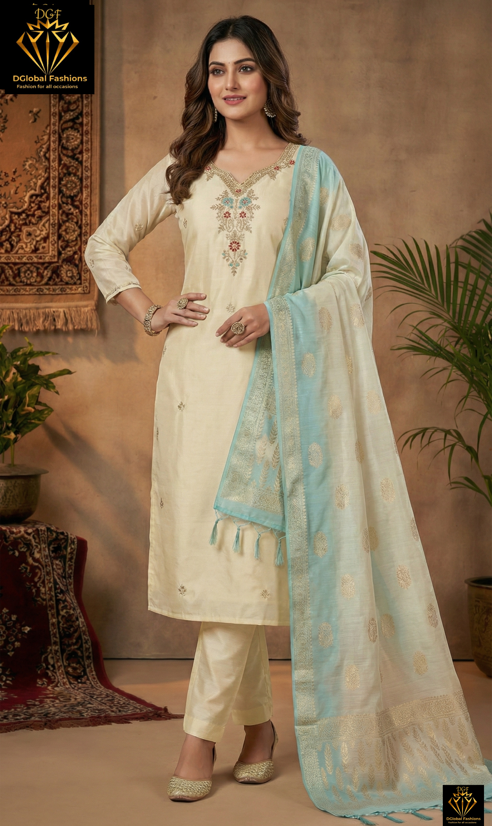 Silk Suit Set with Banarasi Dupatta & Kasab, Cutdana, Sequin, Pearl Work