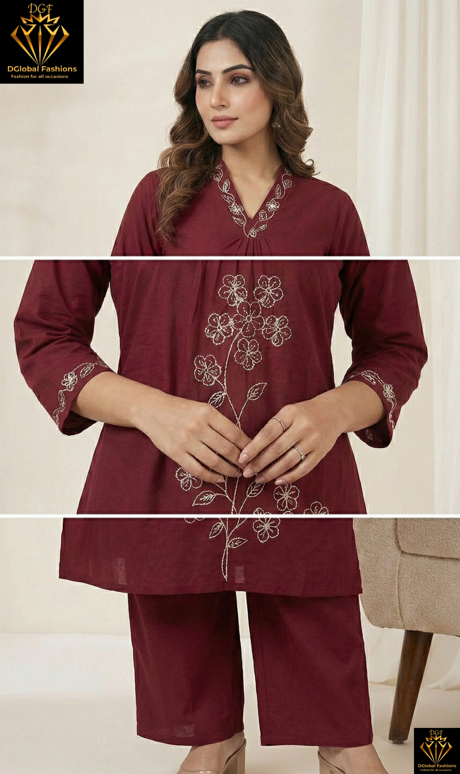 Cotton A-Line Kurti Set with Golden Embroidery & Matching Palazzo
