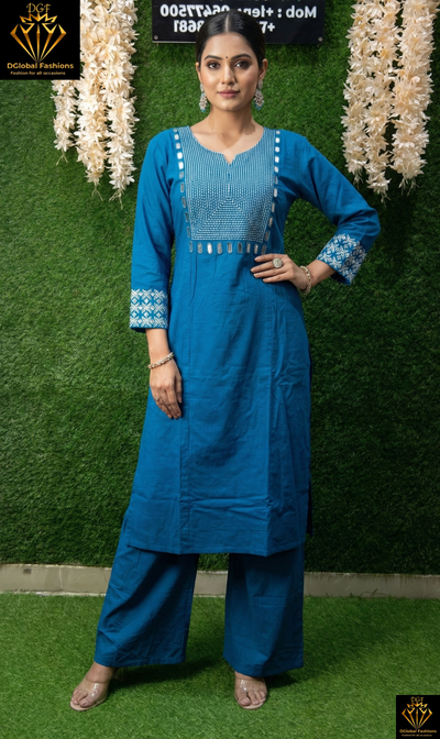 Cotton Kurta Pant Set with White Thread Embroidery, Sequin & Mirror Work