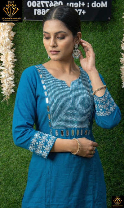 Cotton Kurta Pant Set with White Thread Embroidery, Sequin & Mirror Work