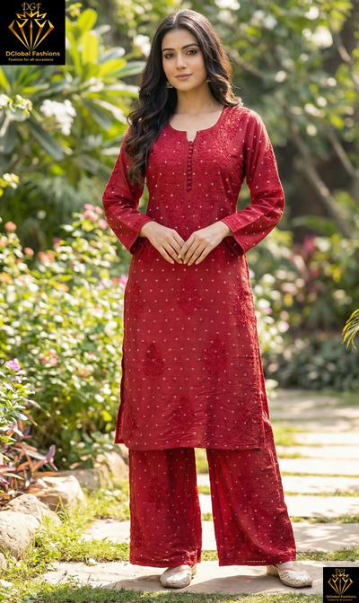 Lucknowi Chikankari Chanderi Co-Ord Set with Hand Embroidery