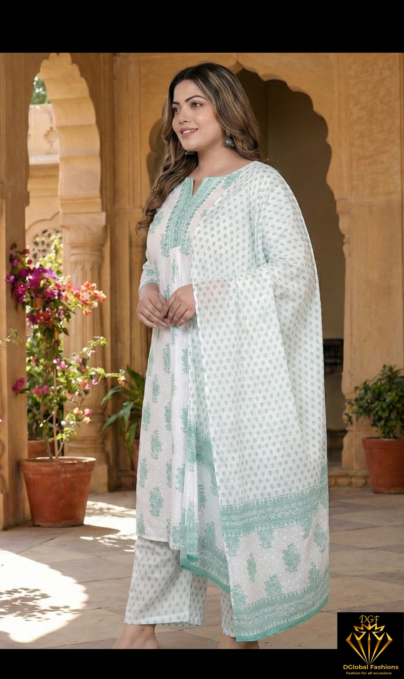 Cotton A-Line Kurti Pant & Dupatta Set with Handwork Neck Detailing