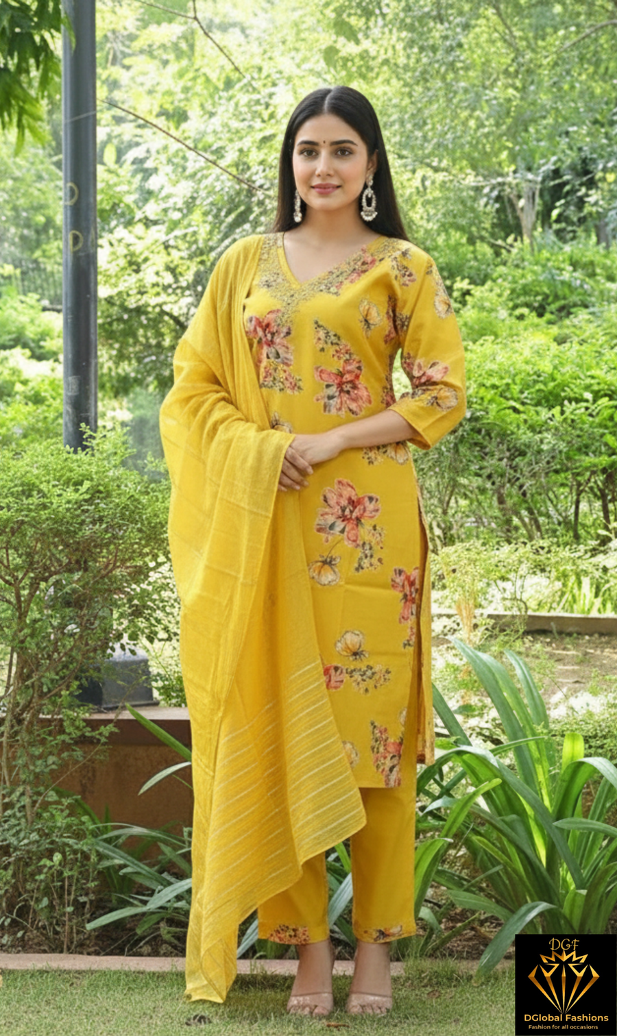 Muslin Kurti Pant Dupatta Set with Hand-Embroidered Neckline