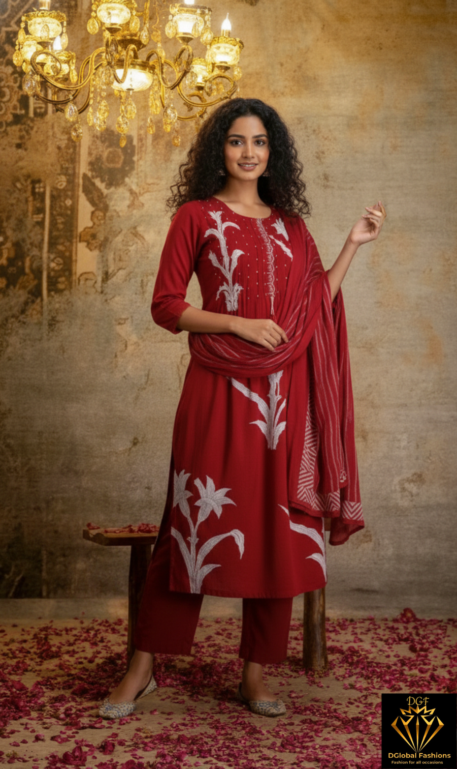 A-Line Kurti Pant & Dupatta Set with Handwork and Floral Print
