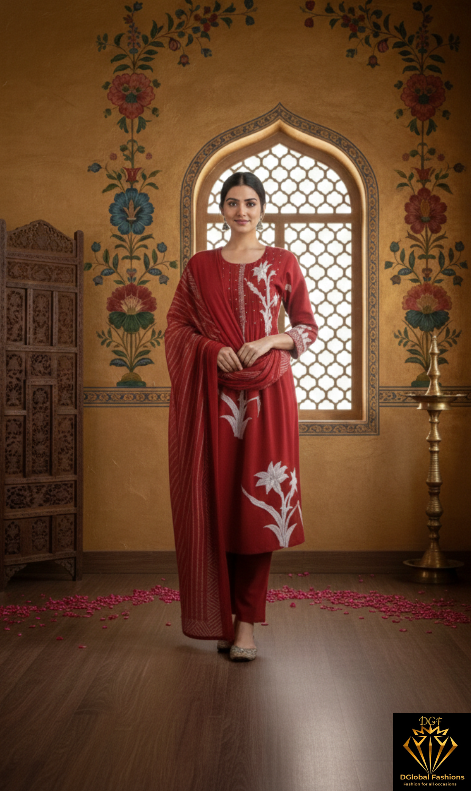 A-Line Kurti Pant & Dupatta Set with Handwork and Floral Print