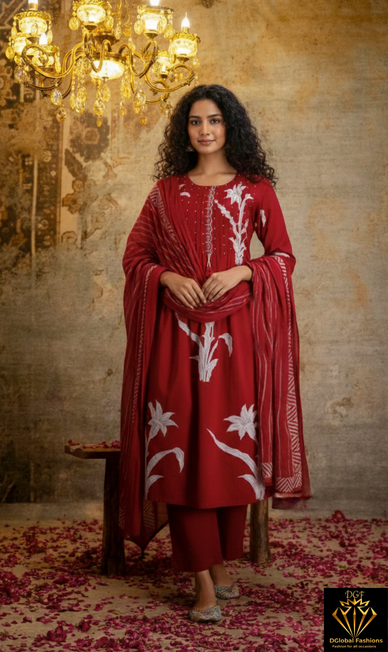 A-Line Kurti Pant & Dupatta Set with Handwork and Floral Print