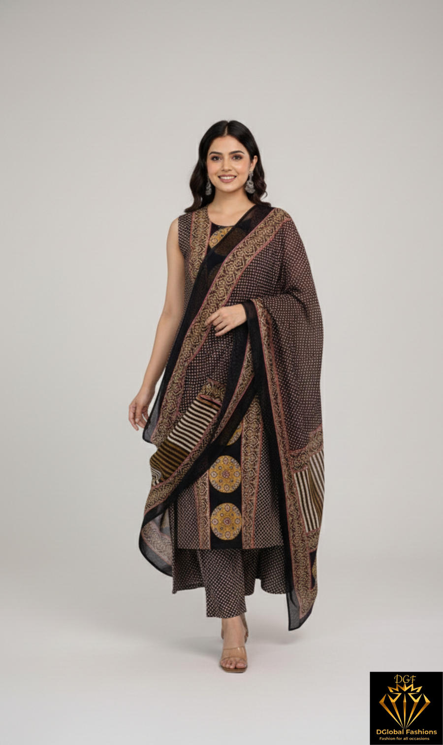 Sleeveless Ajrakh Hand Block & Embroidery Kurta Palazzo Set with Dupatta