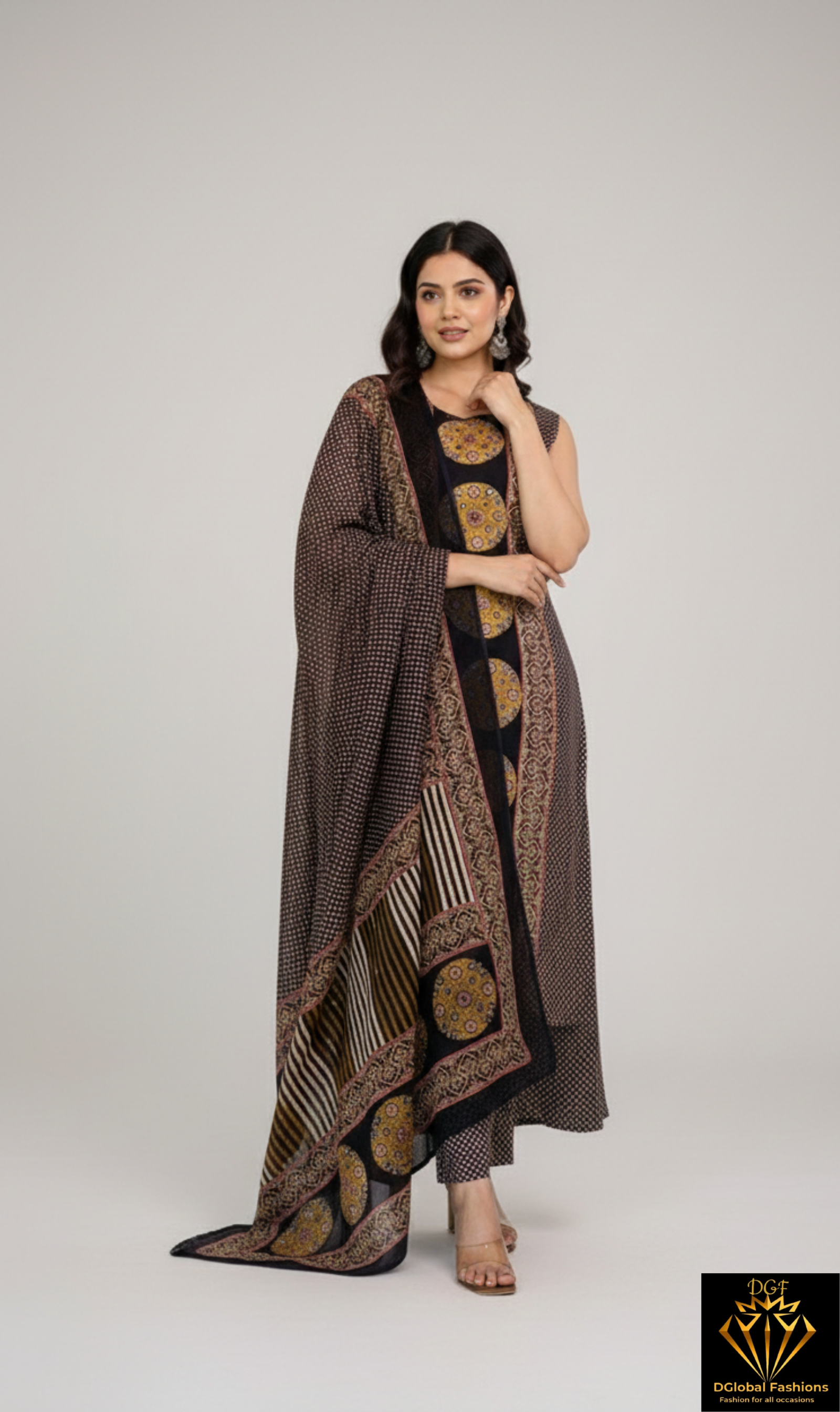 Sleeveless Ajrakh Hand Block & Embroidery Kurta Palazzo Set with Dupatta