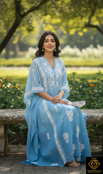 Lucknowi Chikankari Kaftan in Viscose Crepe (Unstitched)
