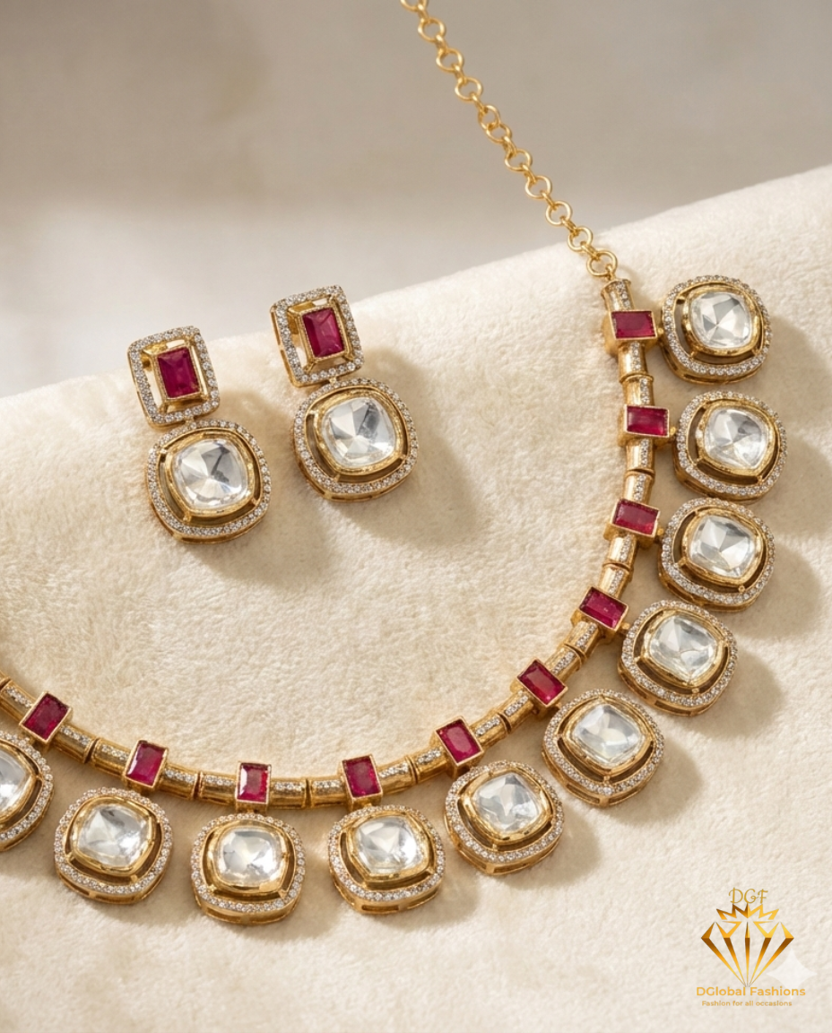 Sundari Antique Polki Necklace Set with Pink Enamel & Semi-Precious Stones