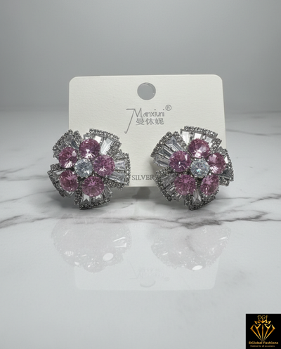 Silver Needle Inlaid Diamond Zircon Floral Earrings