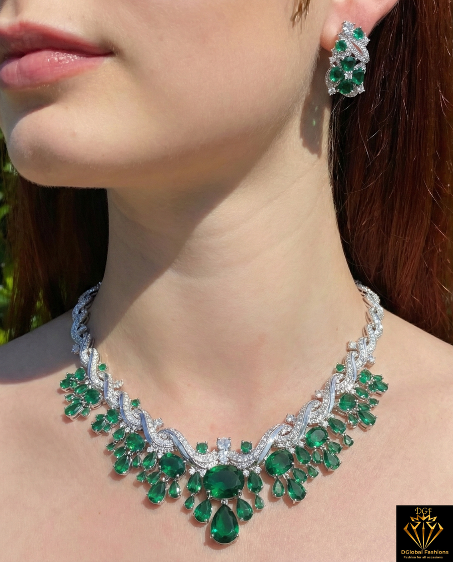 Emerald & Diamond Necklace and Earrings Set