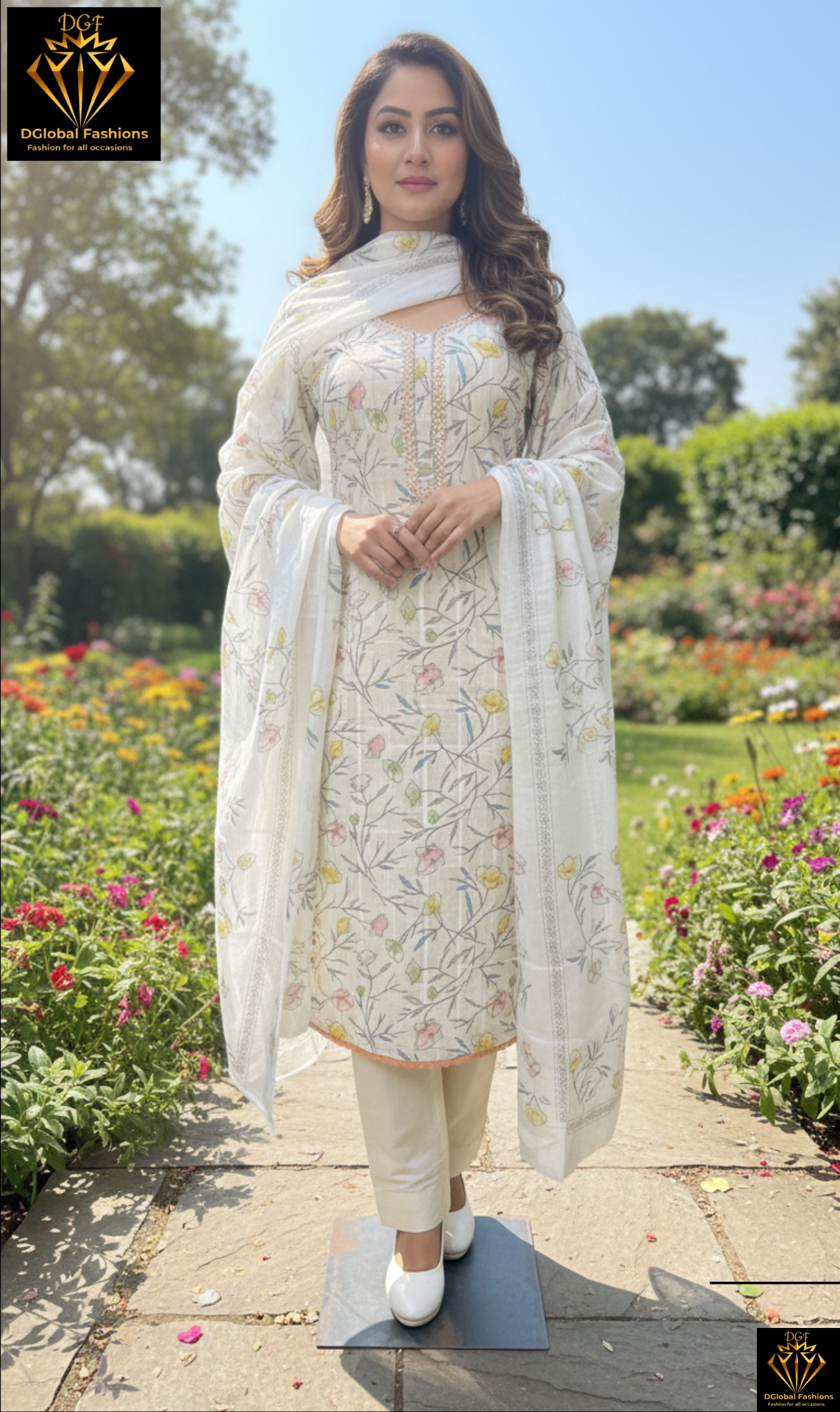 Cotton Suit Set with Neck Embroidery