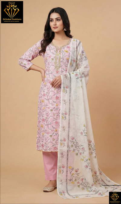 Cotton Suit Set with Neck Embroidery