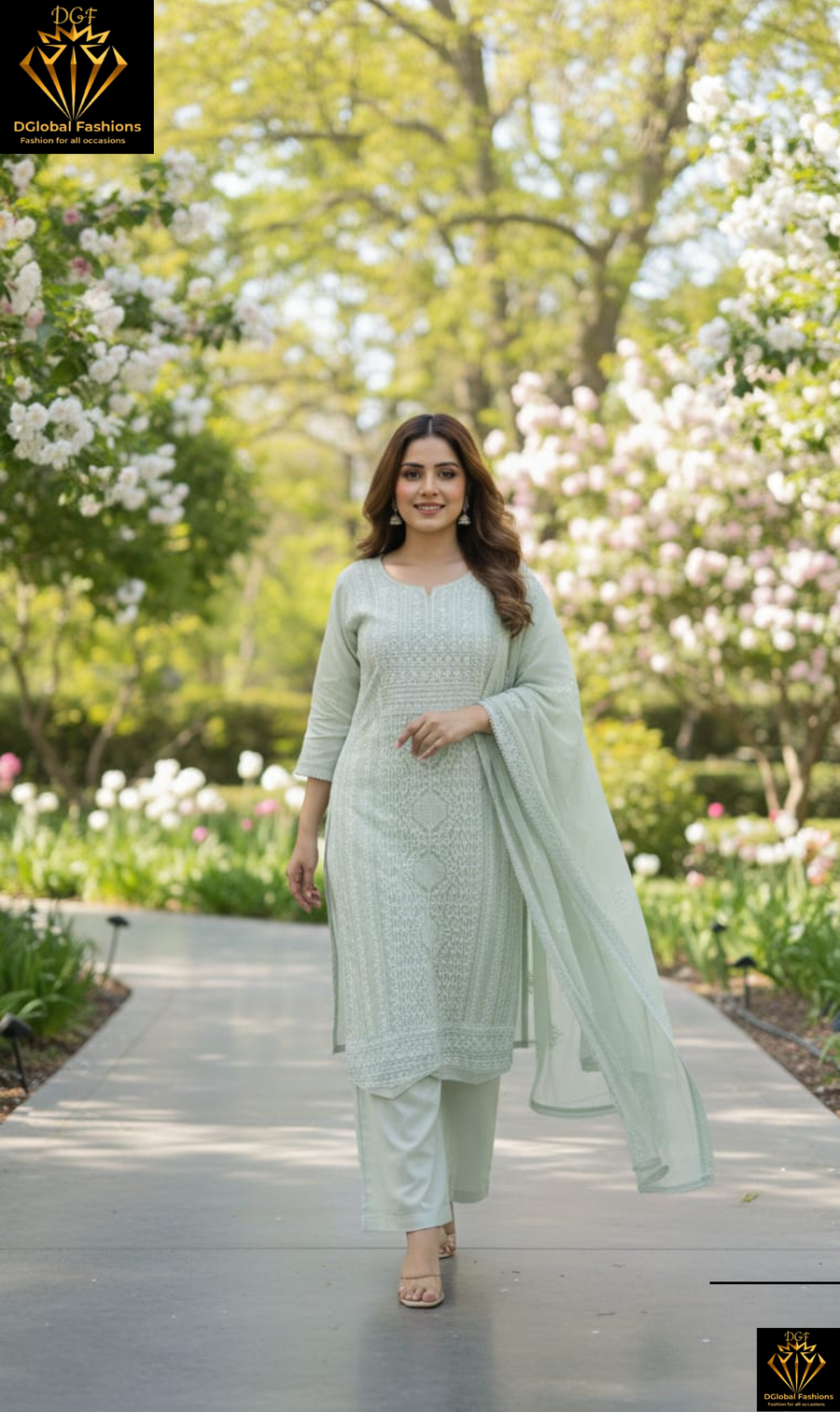 Chiffon Kurta Pant Set with Delicate Embroidery & Dupatta