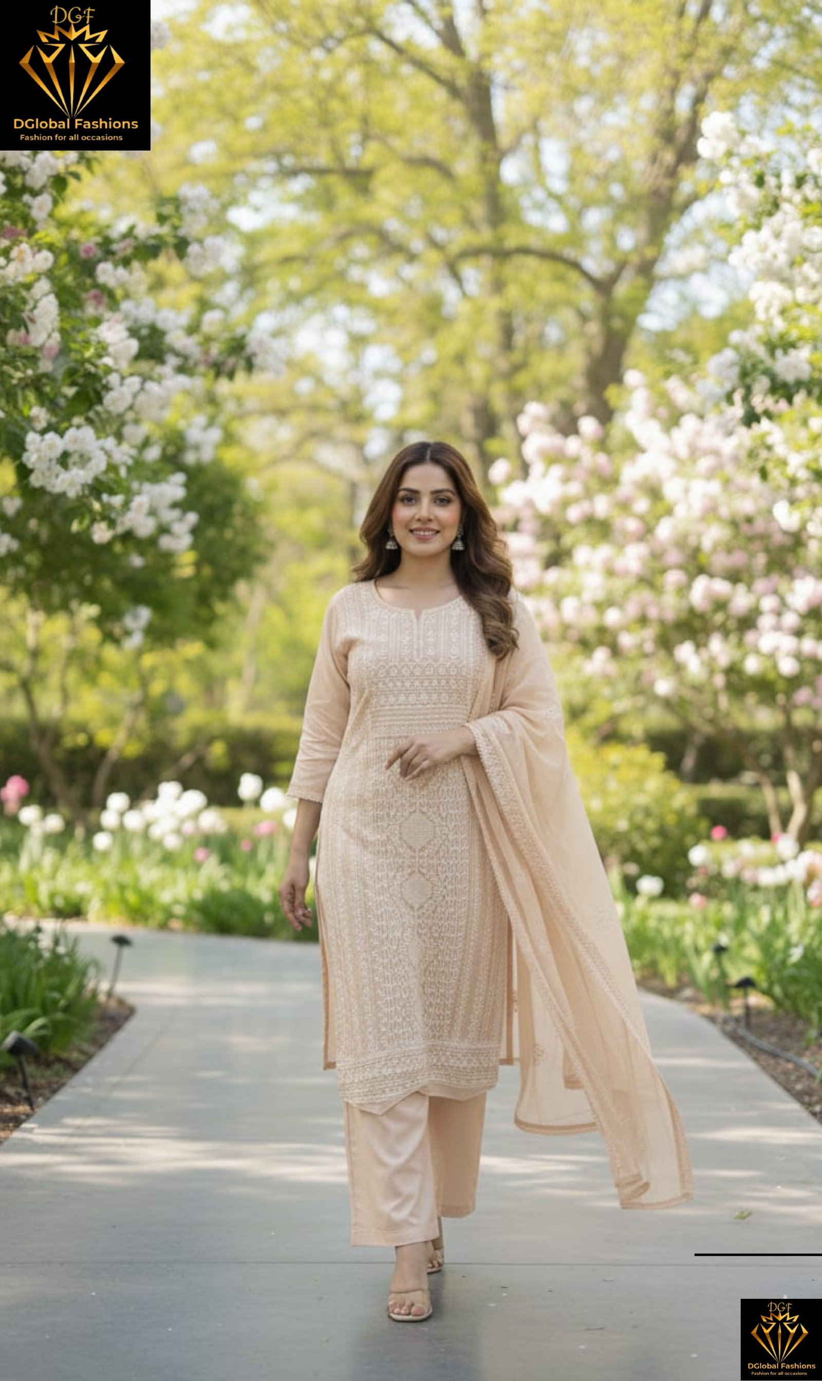 Chiffon Kurta Pant Set with Delicate Embroidery & Dupatta