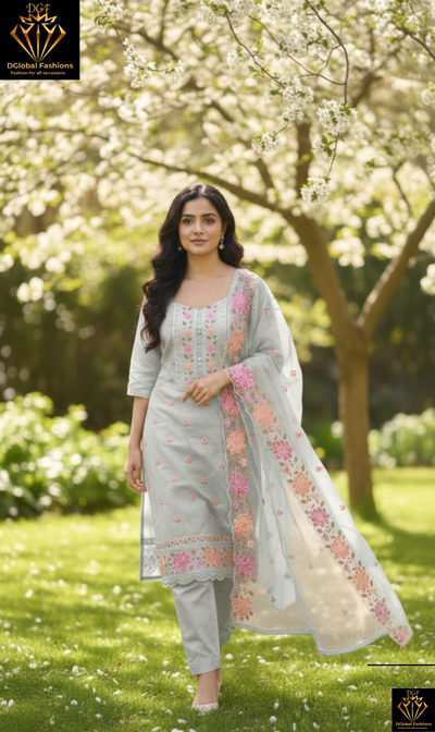 Cotton Silk Embroidery Kurta Pant Set with Floral Dupatta